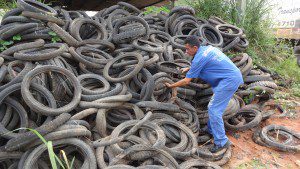 Servidores municipais trabalham na retirada dos pneus do Parque de Exposições
