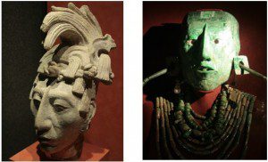 Escultura original em estuque da cabeça do rei Pakal o Grande. Máscara mortuária, em jade, encontrada em 1952 no sarcófago deste governante em uma galeria subterrânea do Templo das Inscrições, em Palanque. Museu Nacional de Antropologia do México. 