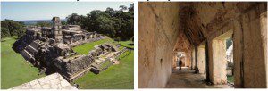 Vista sudoeste do Palácio de Palenque a partir do Templo das Inscrições. Detalhe do arco contínuo e colunas que compõem o corredor da fachada do prédio